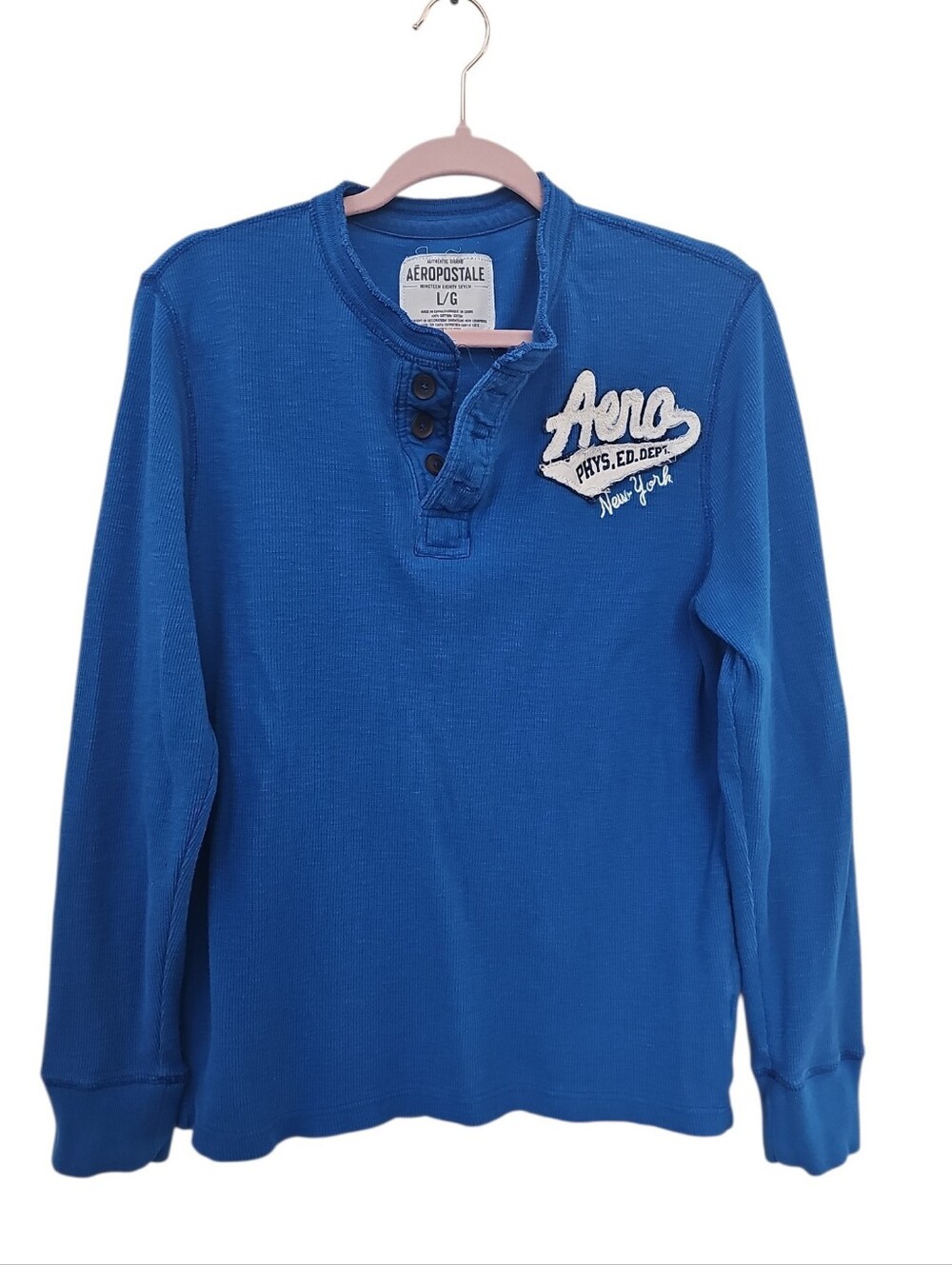 Aeropostale Blue Henley Top Shirt Size L Elena Gilbert Logo Long Sleeve Y2K